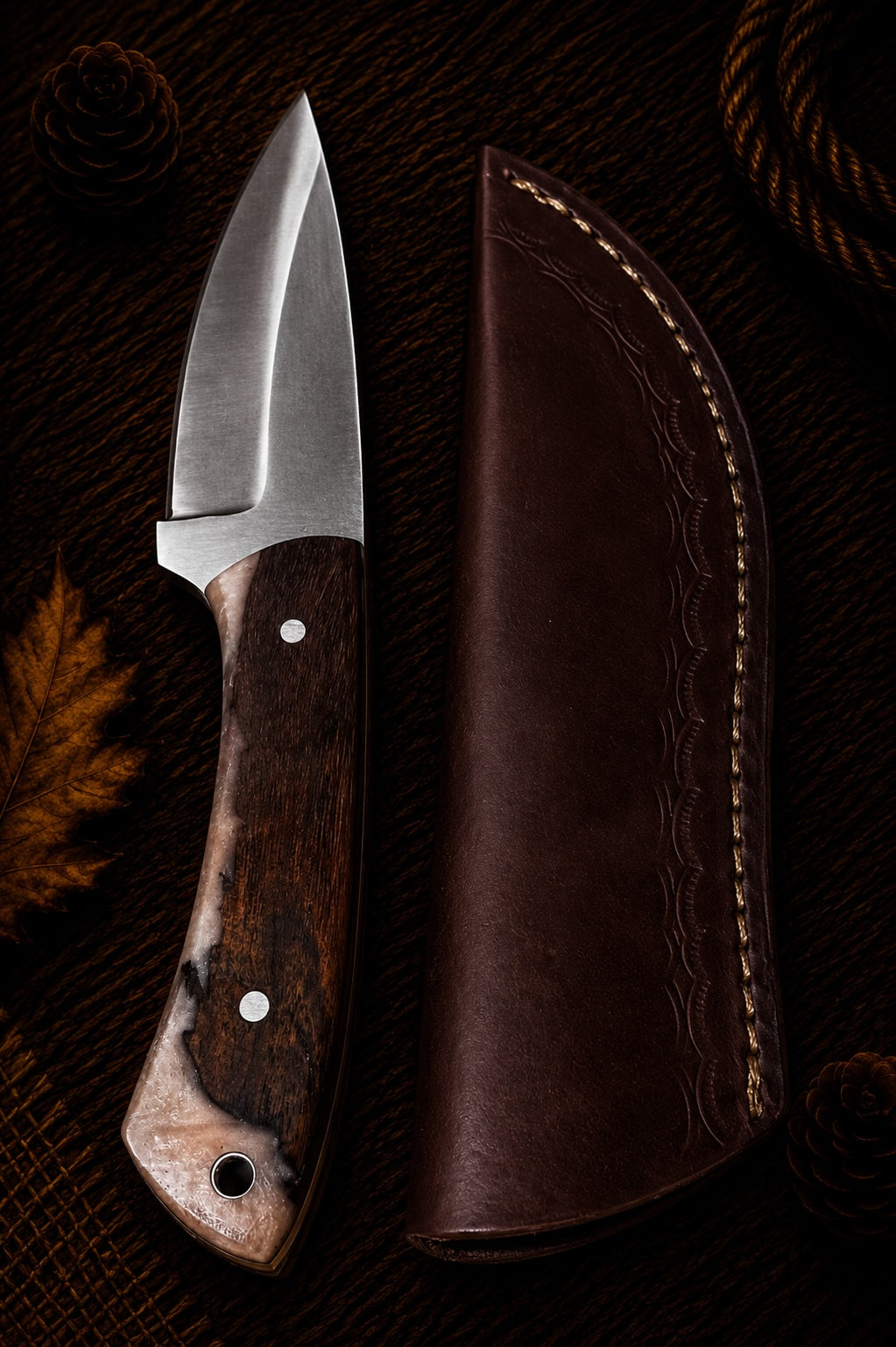 Damascus fixed blade hunting knife with burl wood handle and embossed leather sheath