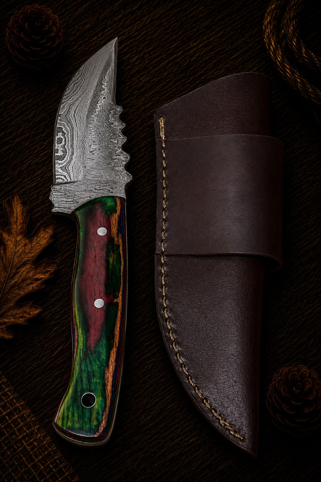 Fixed blade skinner knife with multicolor psychedelic swirl resin handle and embossed leather sheath