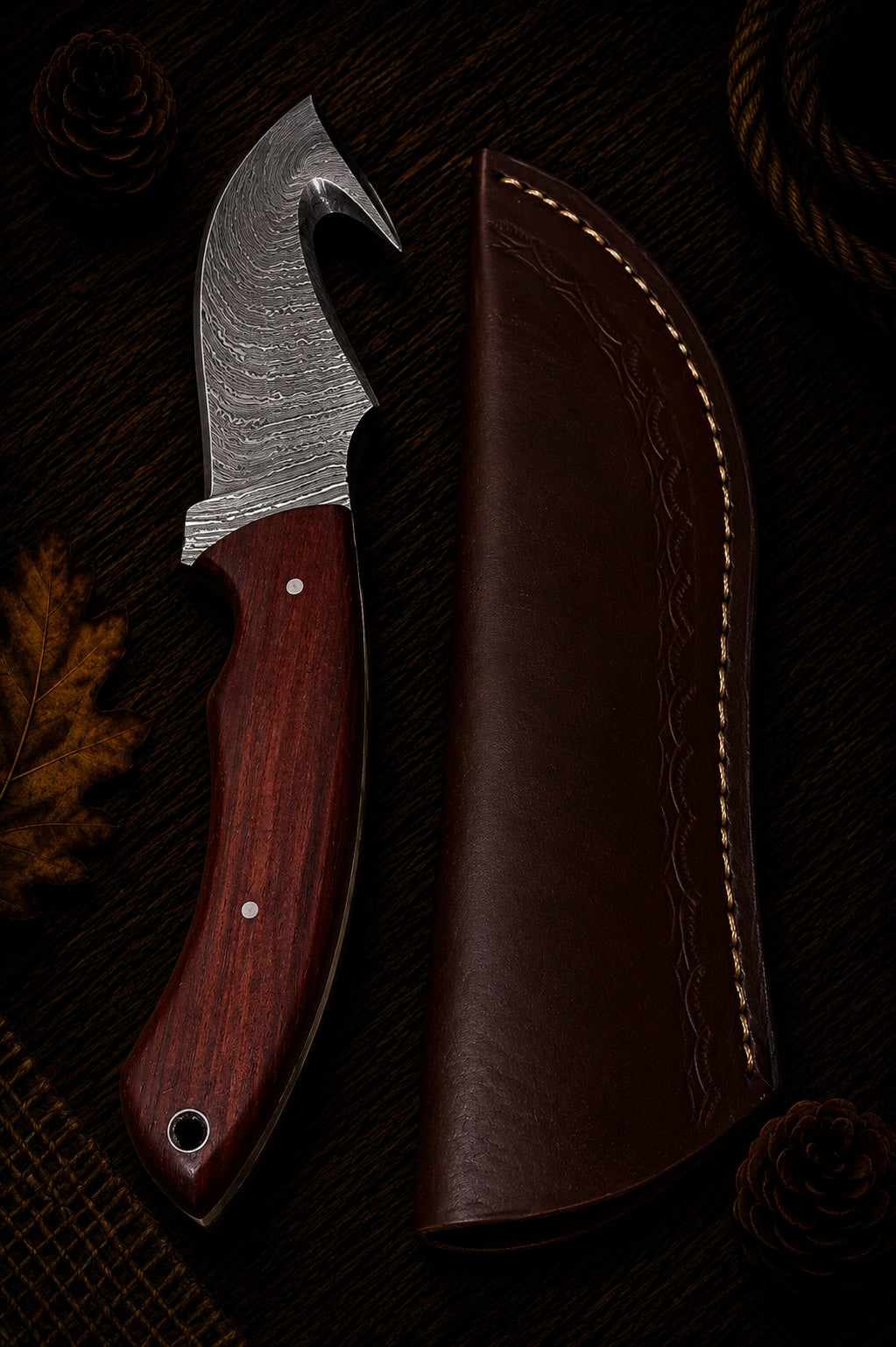 Fixed blade cleaver knife with blue wave pattern G10 handle and dark leather sheath