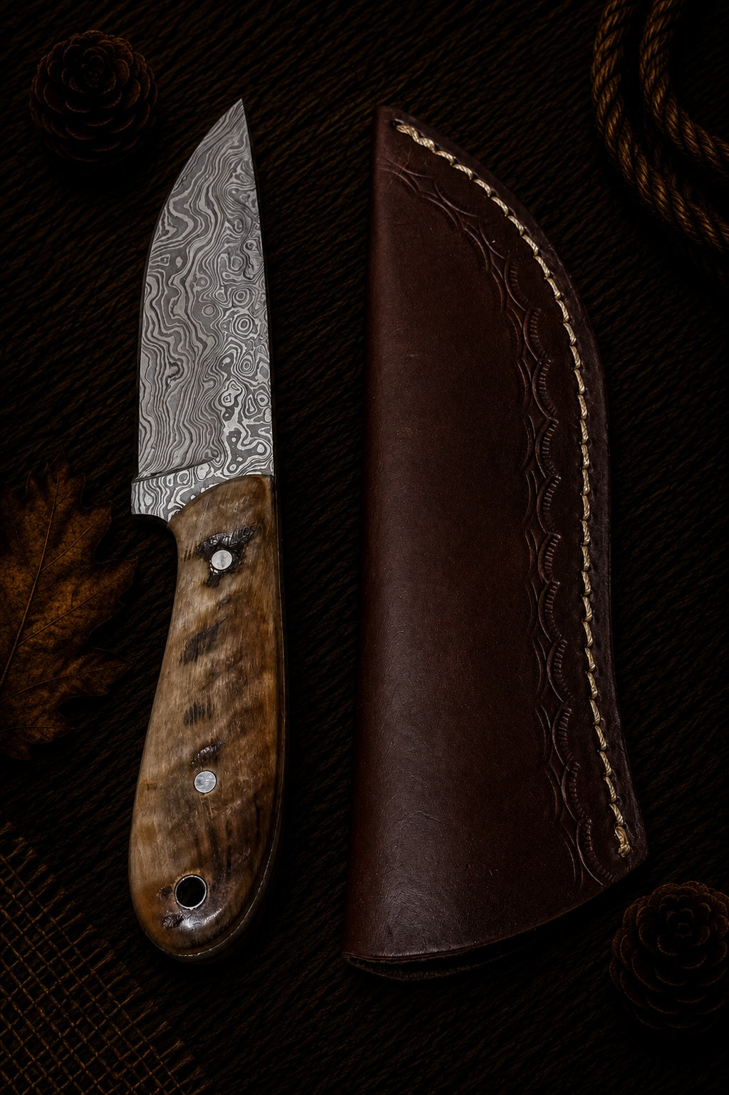 Fixed blade hunting knife with dark walnut wood and blue resin two-tone handle and embossed leather sheath