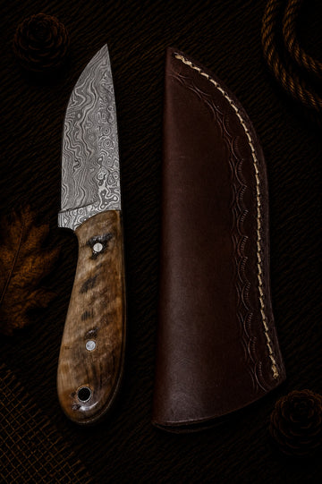 Fixed blade hunting knife with dark walnut wood and blue resin two-tone handle and embossed leather sheath