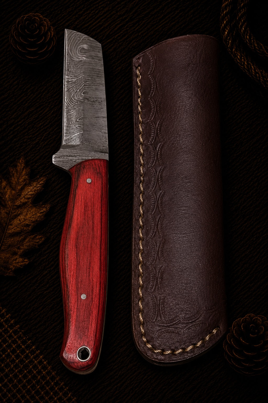 Damascus fixed blade cleaver knife with red hardwood handle and embossed leather sheath