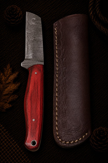 Damascus fixed blade cleaver knife with red hardwood handle and embossed leather sheath