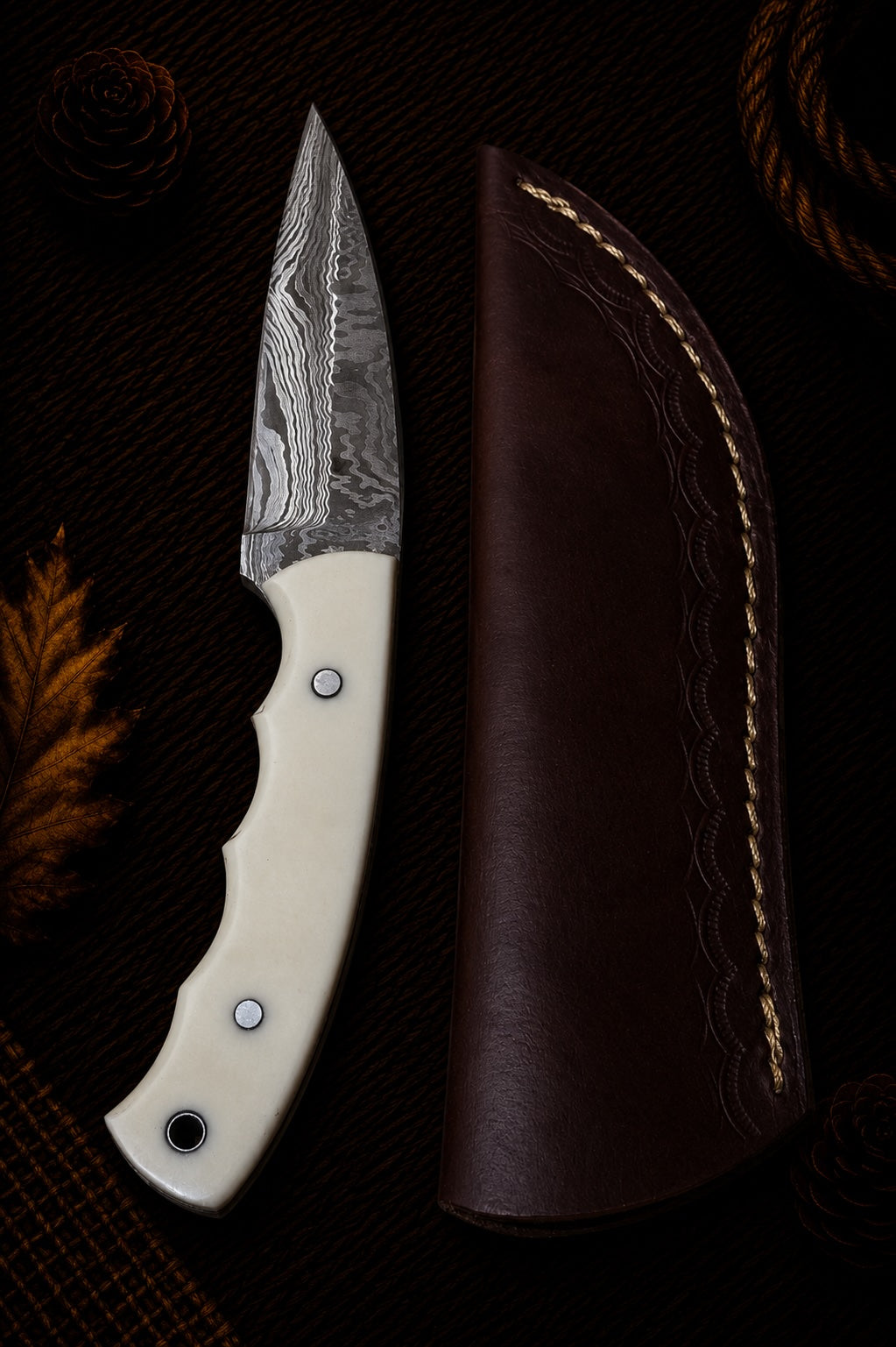 Damascus fixed blade hunting knife with smooth ivory bone handle and embossed leather sheath