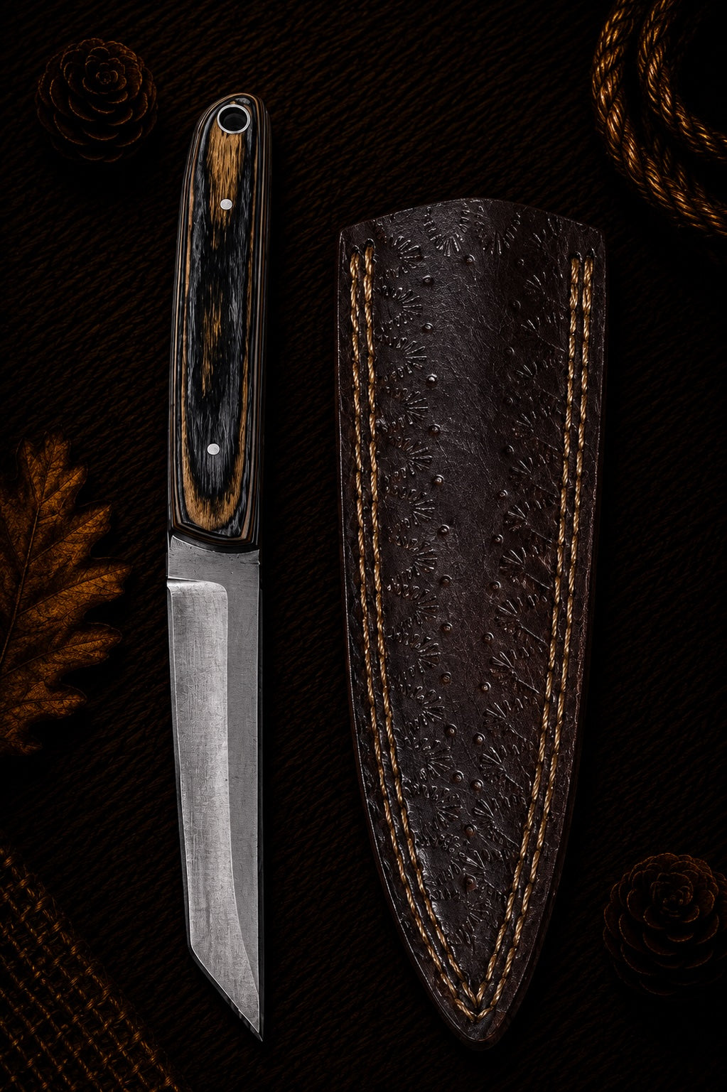 Fixed blade hunting knife with dark striped bocote wood handle and heavily embossed dark leather sheath