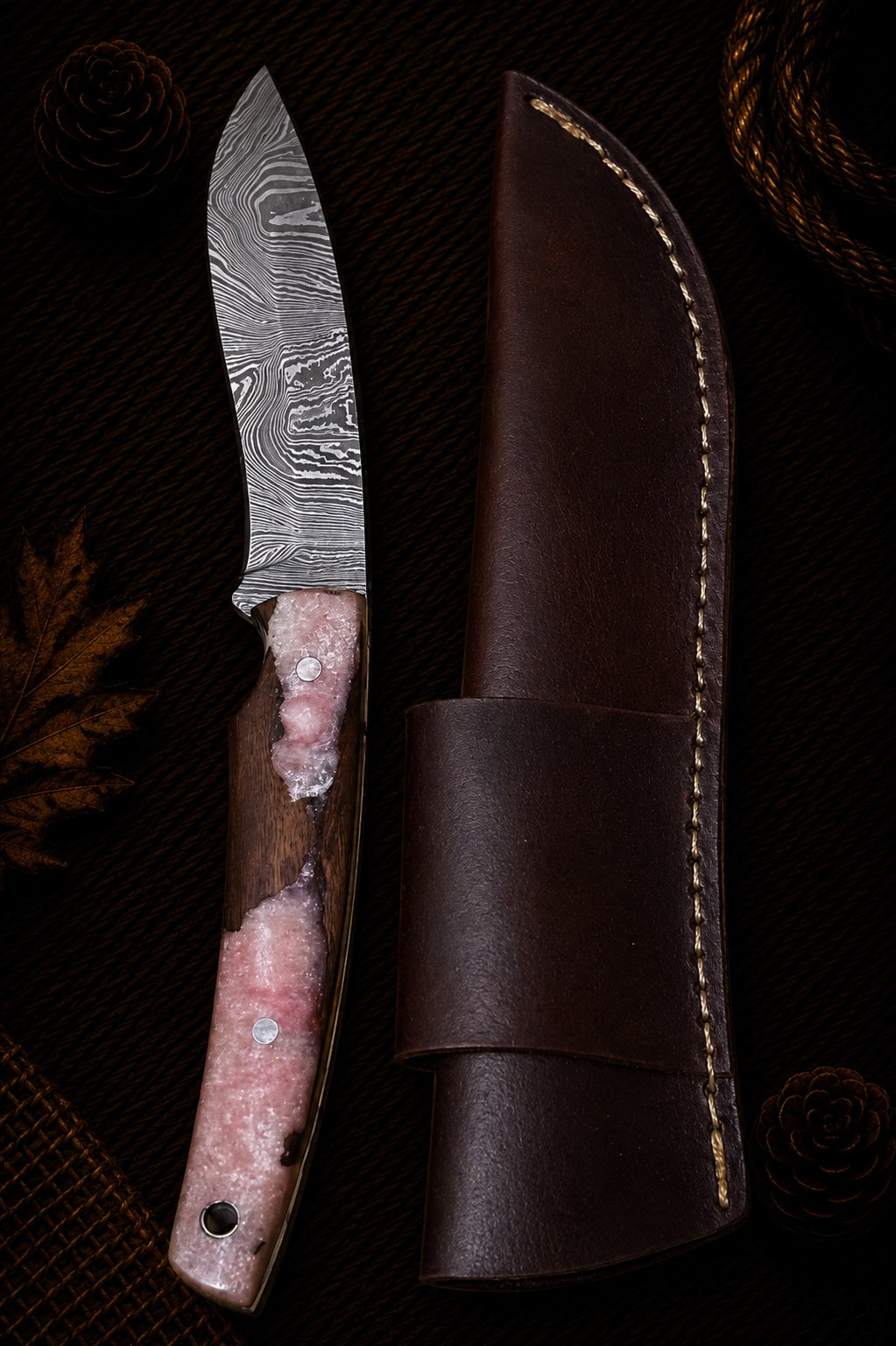 Damascus fixed blade hunting knife with walnut wood and pink mineral stone resin handle and leather sheath