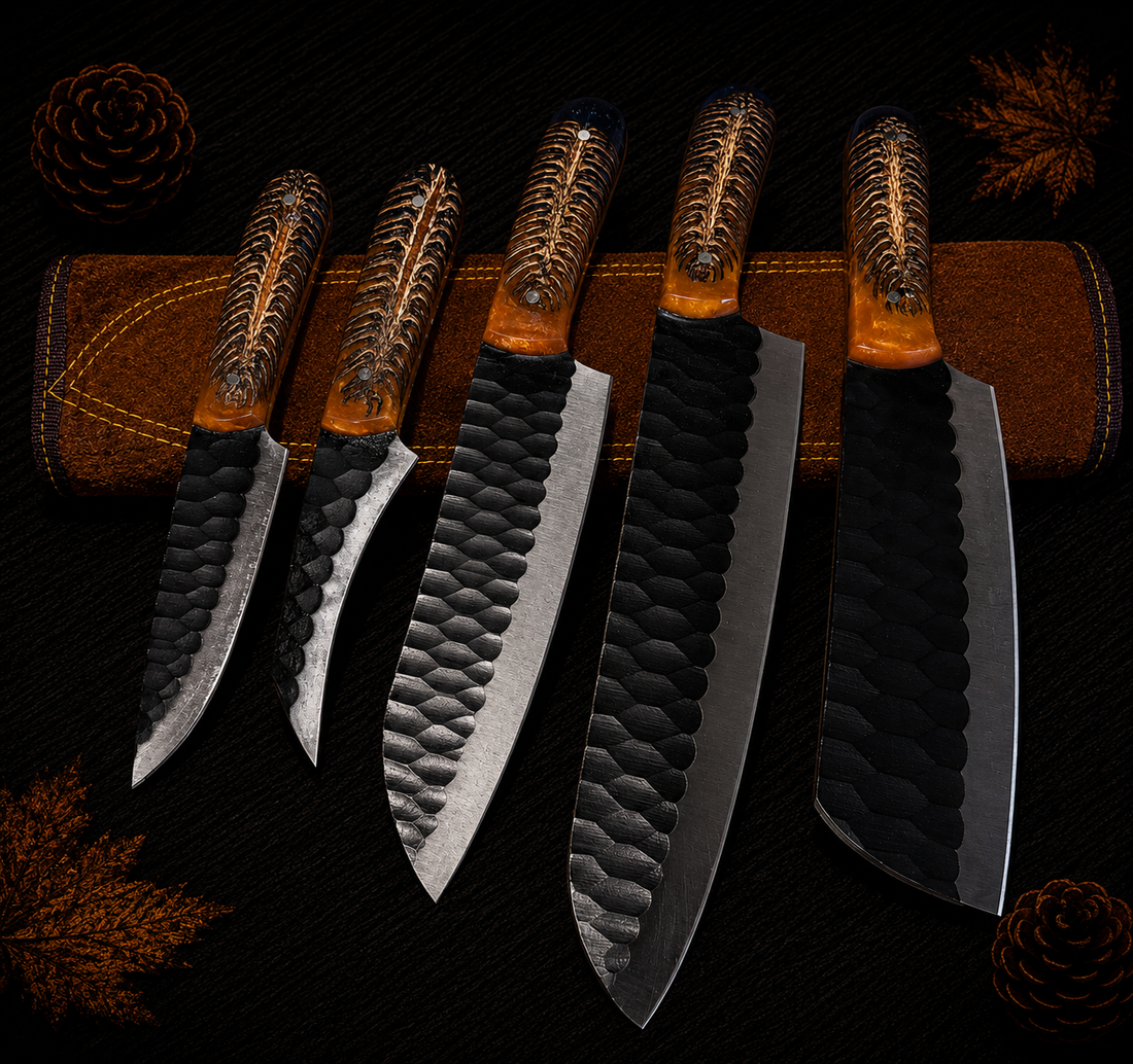 KI709 5-Piece Hand-Forged Damascus Kitchen Knife Set with Amber Resin and Antler Spine Handles and Leather Roll