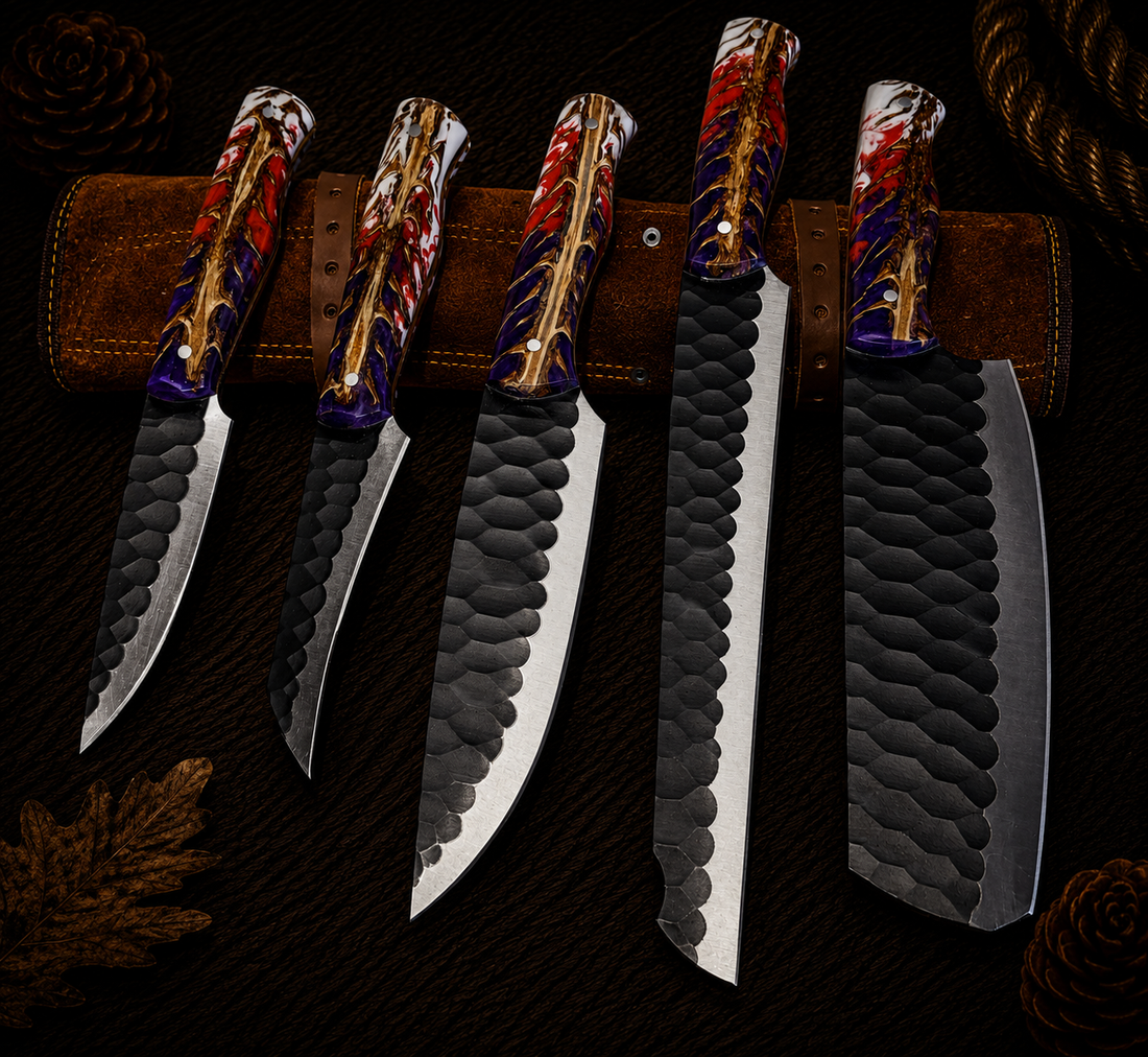 Ki115 5-Piece Handcrafted Damascus Kitchen Knife Set with Patriotic Resin Handles and Leather Roll