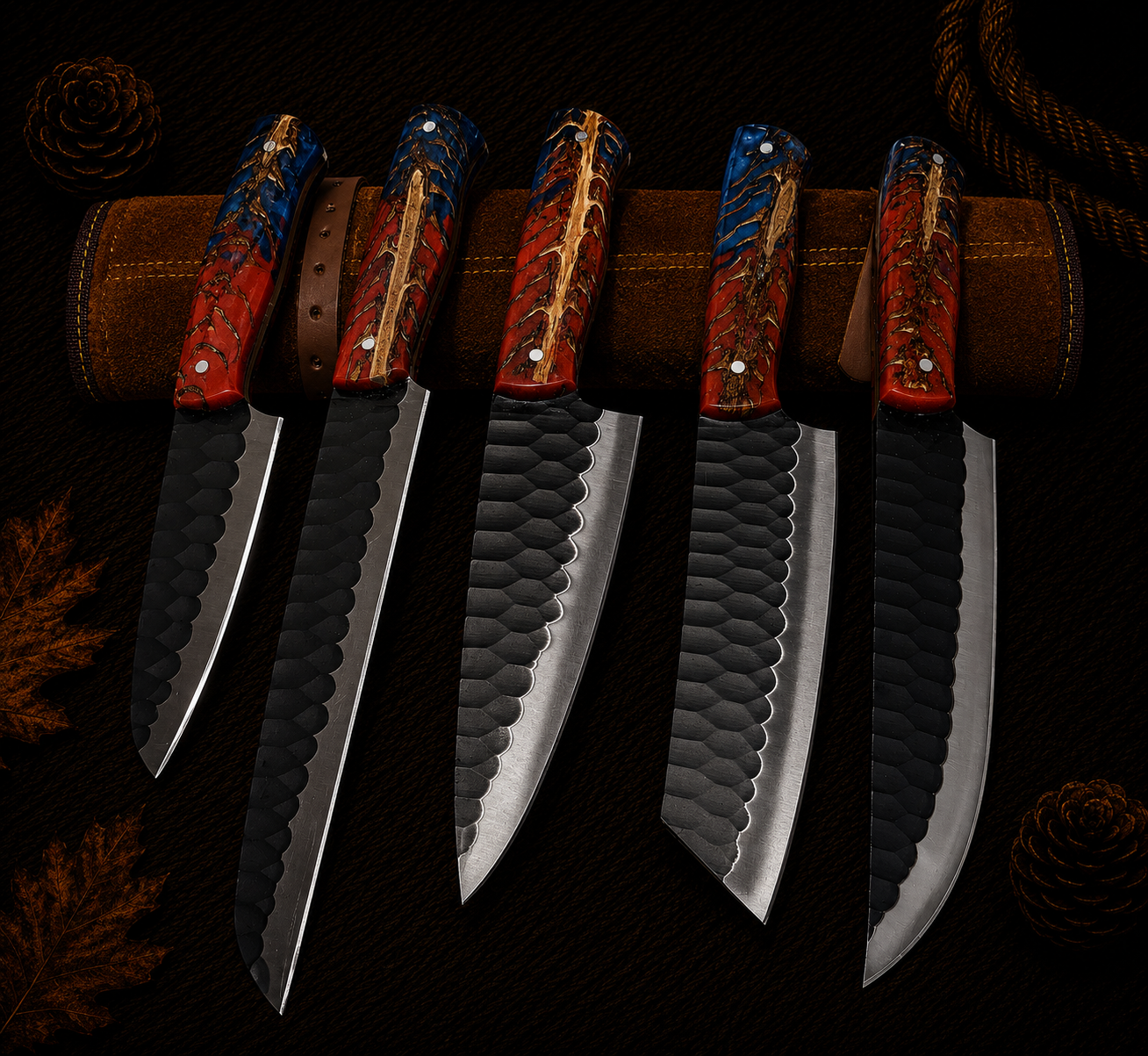 Ki700 5-Piece Handcrafted Damascus Kitchen Knife Set with Red and Blue Resin Antler Handles and Leather Roll