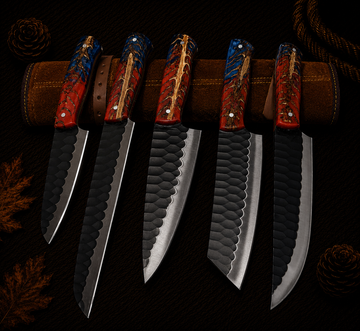 Ki700 5-Piece Handcrafted Damascus Kitchen Knife Set with Red and Blue Resin Antler Handles and Leather Roll