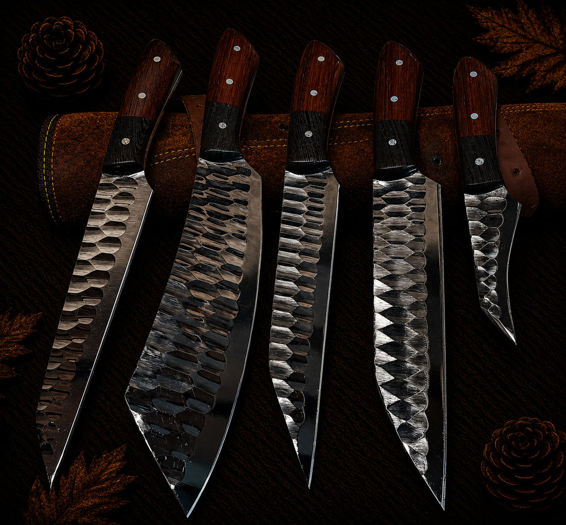 Ki701 5-Piece Handcrafted Hand-Forged Kitchen Knife Set with Rosewood and Black Handles and Leather Roll