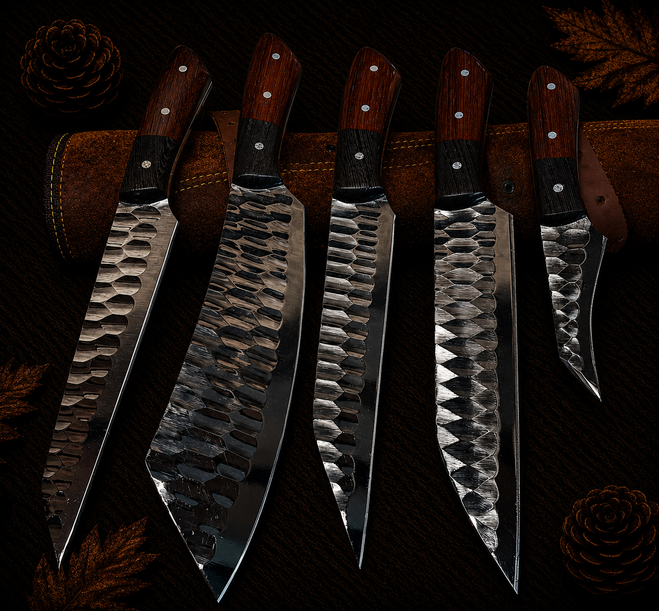 Ki701 5-Piece Handcrafted Hand-Forged Kitchen Knife Set with Rosewood and Black Handles and Leather Roll