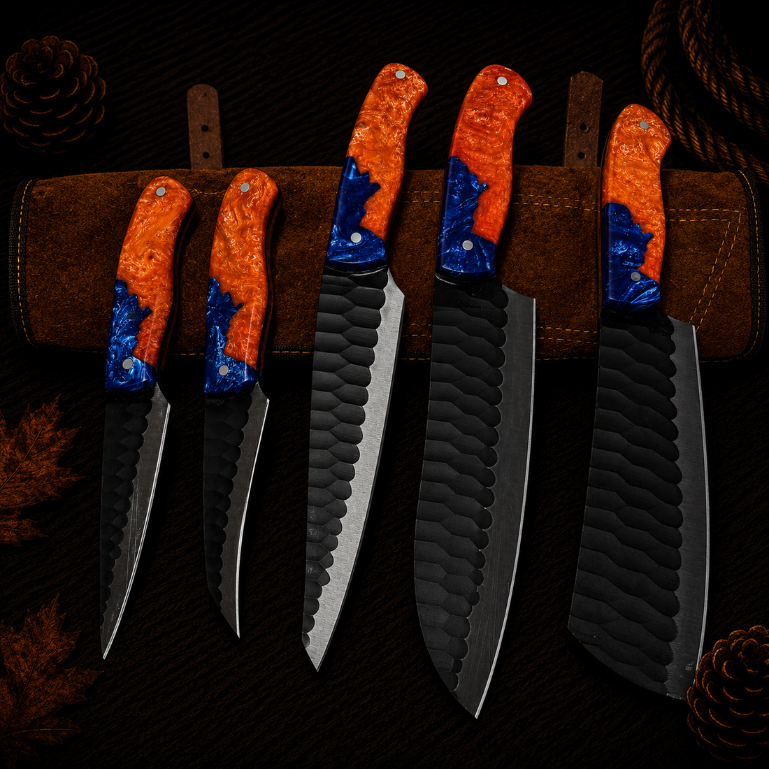Ki702 5-Piece Hand-Forged Damascus Kitchen Knife Set with Orange and Blue Resin Handles and Leather Roll