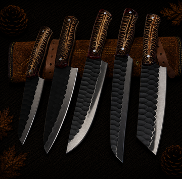 Ki704 5-Piece Hand-Forged Damascus Kitchen Knife Set with Antler and Dark Resin Handles and Leather Roll