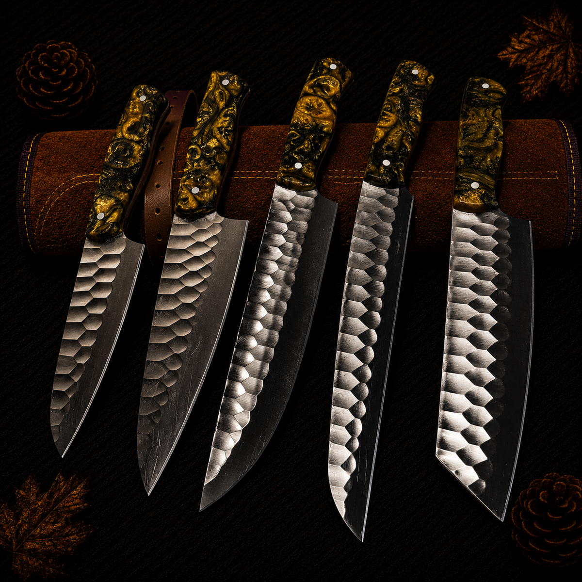 Ki705 5-Piece Hand-Forged Damascus Kitchen Knife Set with Gold and Olive Resin Handles and Leather Roll