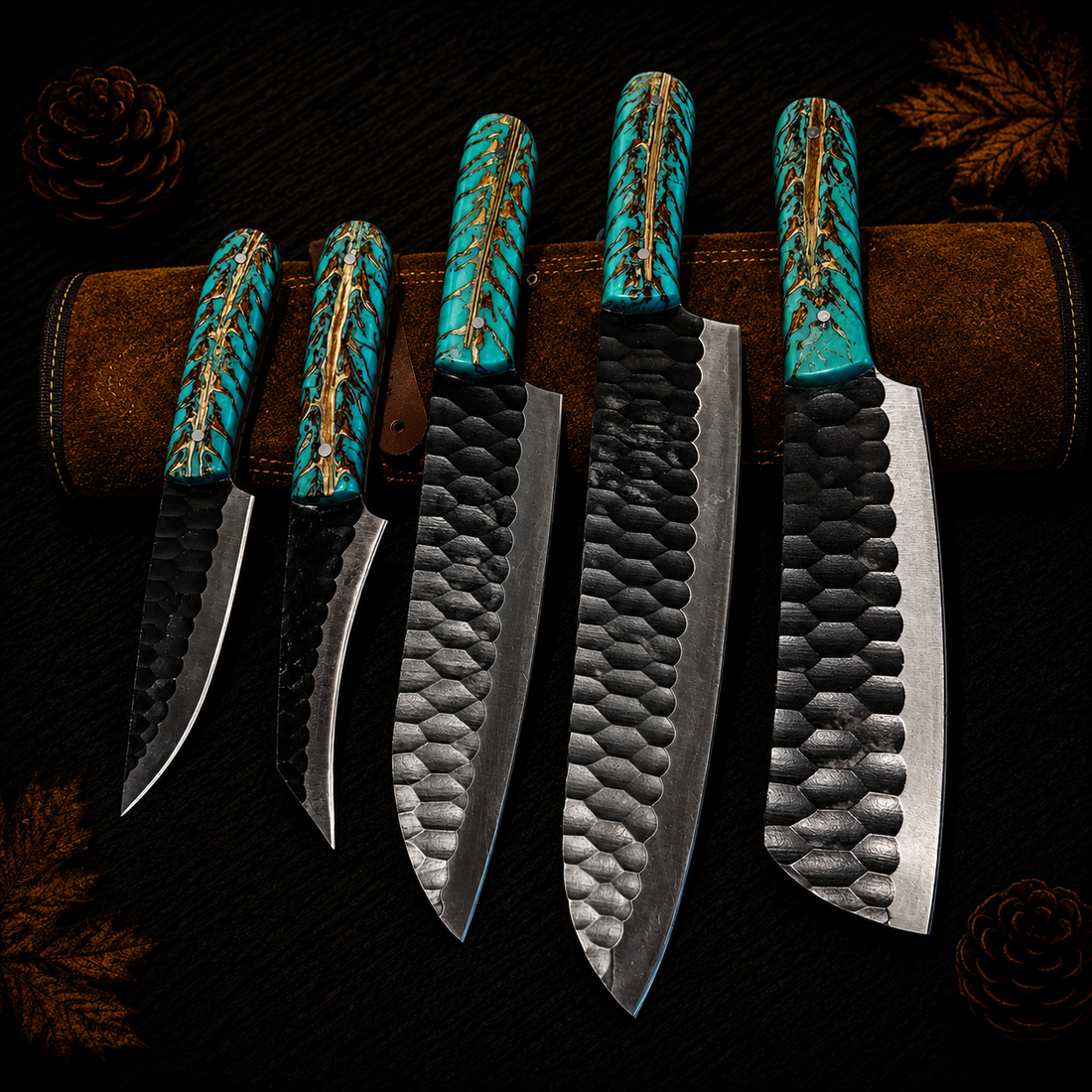 Ki707 5-Piece Hand-Forged Damascus Kitchen Knife Set with Turquoise Resin and Gold Inlay Handles and Leather Roll