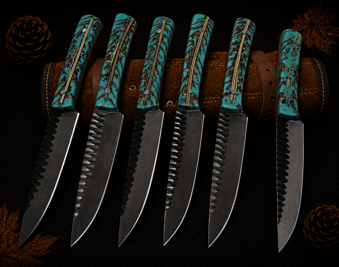 Ki708 6-Piece Hand-Forged Damascus Kitchen Knife Set with Turquoise and Red Resin Handles and Leather Roll