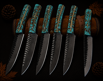 Ki708 6-Piece Hand-Forged Damascus Kitchen Knife Set with Turquoise and Red Resin Handles and Leather Roll