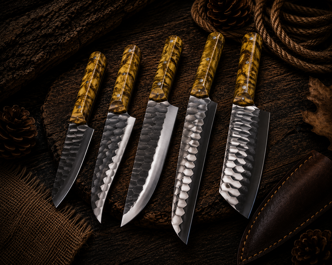 Ki712 4-Piece Hand-Forged Damascus Kitchen Knife Set with Golden Olive Resin Handles and Leather Roll