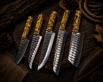 Ki712 4-Piece Hand-Forged Damascus Kitchen Knife Set with Golden Olive Resin Handles and Leather Roll