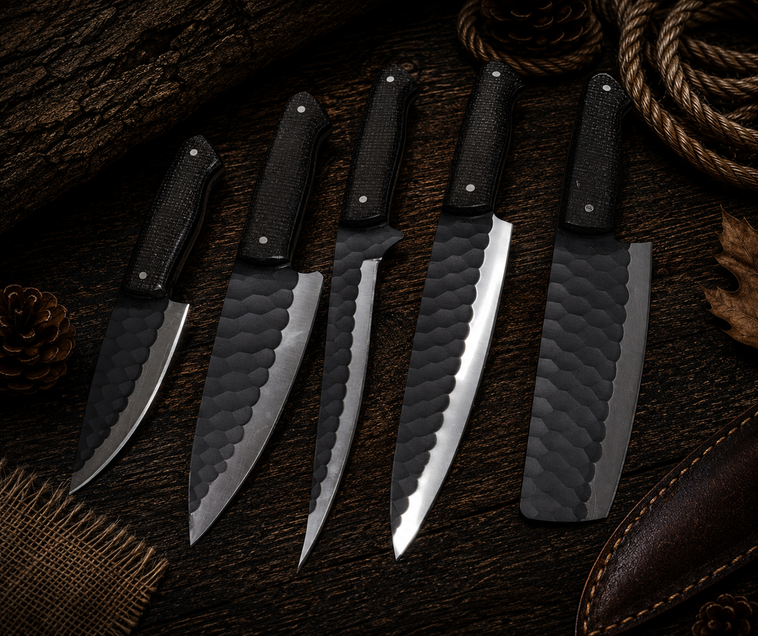 Ki713 5-Piece Hand-Forged Damascus Kitchen Knife Set with All-Black Micarta Handles and Leather Roll