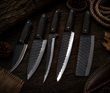 Ki713 5-Piece Hand-Forged Damascus Kitchen Knife Set with All-Black Micarta Handles and Leather Roll