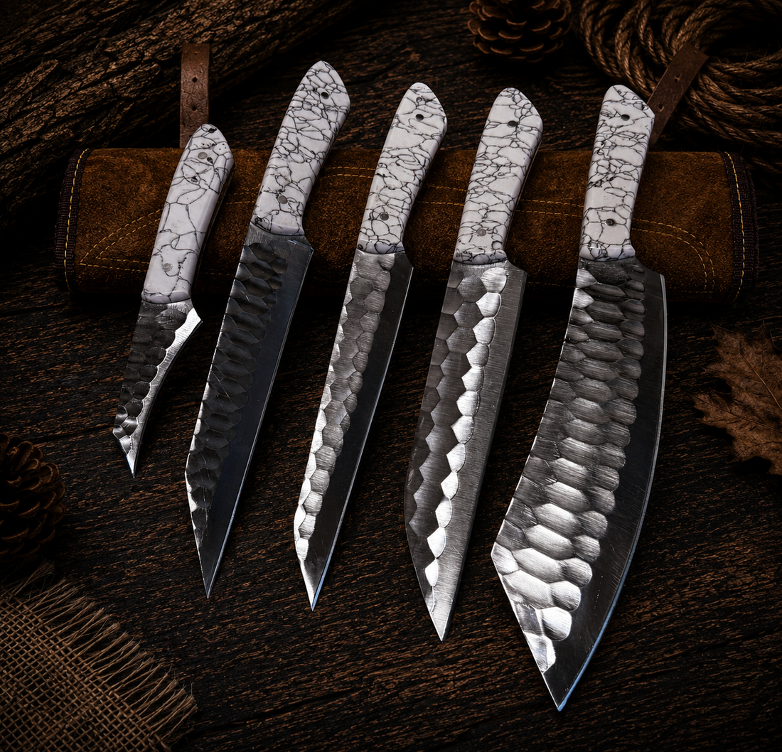 Ki714 5-Piece Hand-Forged Damascus Kitchen Knife Set with White Crackle Resin Handles and Leather Roll