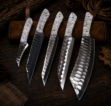 Ki714 5-Piece Hand-Forged Damascus Kitchen Knife Set with White Crackle Resin Handles and Leather Roll