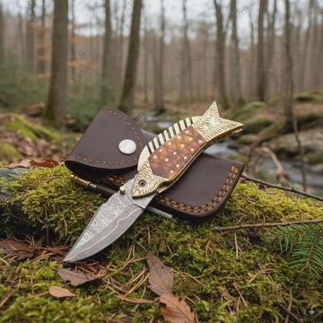 Handcrafted Damascus Gold Steel Folding Knife