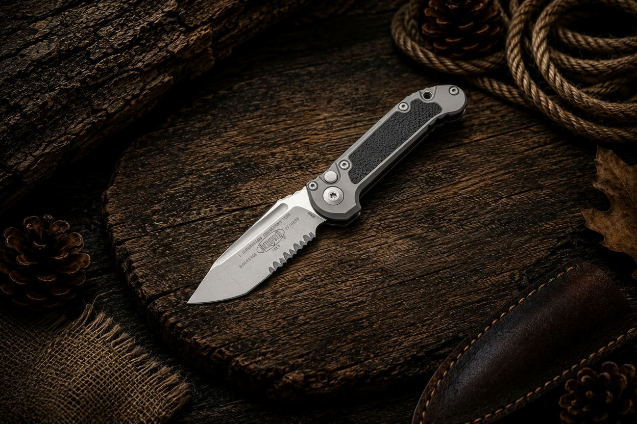 Microtech LUDT on Wood Background